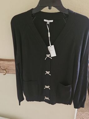 NWT, Milano Black Knit Light Sweater With Diamond/rhinestone Jeweled Bows